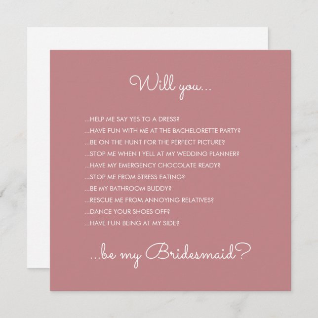 Funny Modern Dusty Rose Script Bridesmaid Vorschla Einladung (Vorne/Hinten)