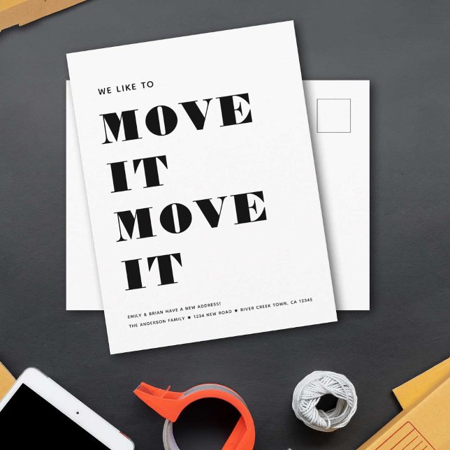Funny Modern MOVE IT Einfache Minimalistische Bewe Ankündigungspostkarte (Von Creator hochgeladen)