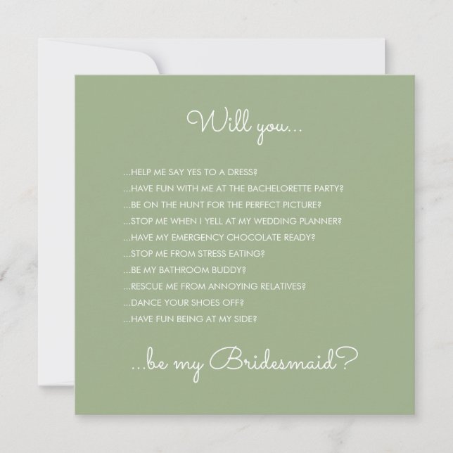 Funny Modern Sage Green Script Bridesmaid Vorschla Einladung (Vorderseite)