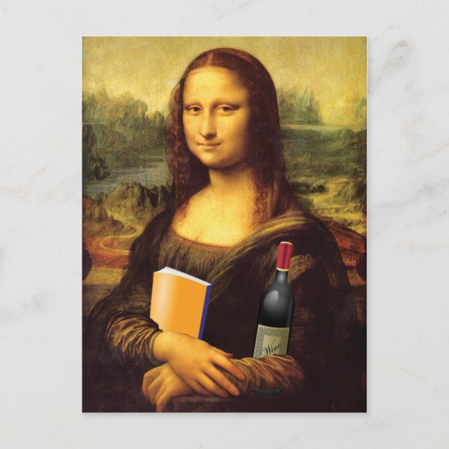 Funny Mona Lisa mit Wein und Buch Postkarte (Vorderseite)