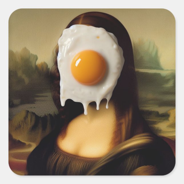 Funny Mona mit Ei auf ihrem Gesicht Quadratischer Aufkleber (Vorderseite)