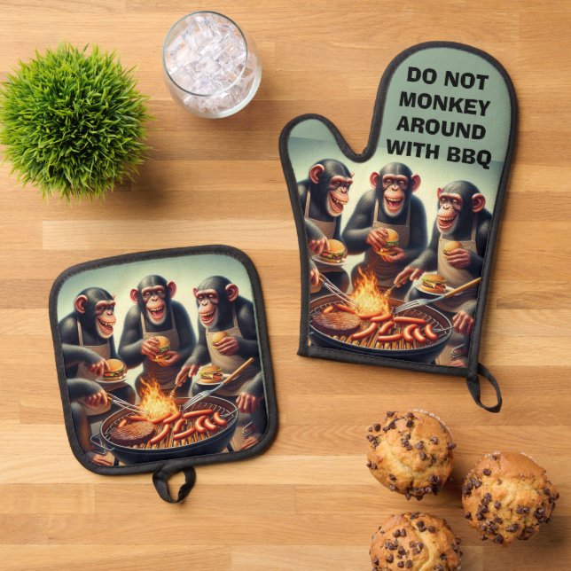 Funny Monkey GRILLEN Ofenhandschuh & Topflappen-Set (Oben Unten)