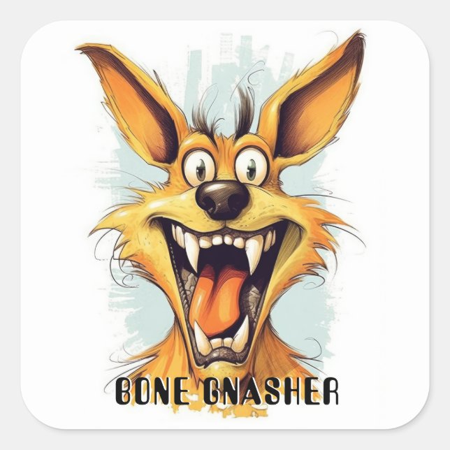 Funny Monster Hund: Bone Gnasher Quadratischer Aufkleber (Vorderseite)