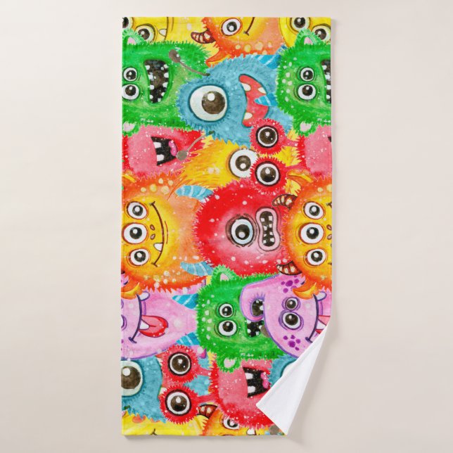 Funny Monsters, Aquarellfarben Nahtloses Muster. Badehandtuch (Badehandtuch)
