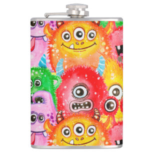 Funny Monsters, Aquarellfarben Nahtloses Muster. Flachmann