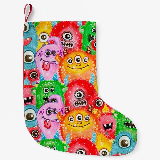 Funny Monsters, Aquarellfarben Nahtloses Muster. Kleiner Weihnachtsstrumpf (Vorderseite)