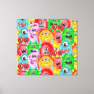 Funny Monsters, Aquarellfarben Nahtloses Muster. Leinwanddruck