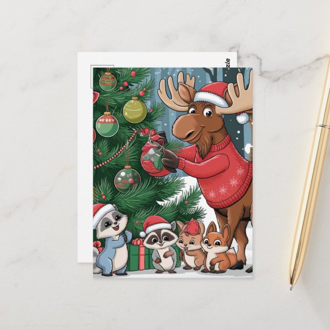 Funny Moose Dekorieren des Weihnachtsbaum-Cartoon Postkarte (Vorderseite/Rückseite Beispiel)