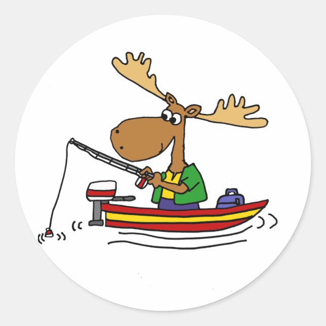 Funny Moose Fishing Cartoon Runder Aufkleber (Vorderseite)
