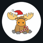 Funny Moose in Santa hat Christmas Cartoon Runder Aufkleber<br><div class="desc">Cute cool fun baby moose wearing Santa hat Christmas cartoon is trendy for moose lovers and nature lovers and animal lovers during Christmas holidays.</div>