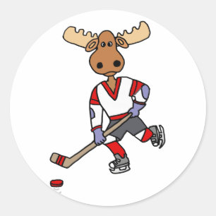 Funny Moose Playing Ice Hockey Cartoon Runder Aufkleber