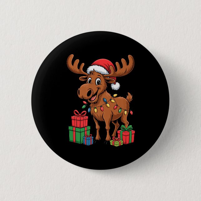 Funny Moose Santa Hat Animals Lovers Ugly Christma Button (Vorderseite)