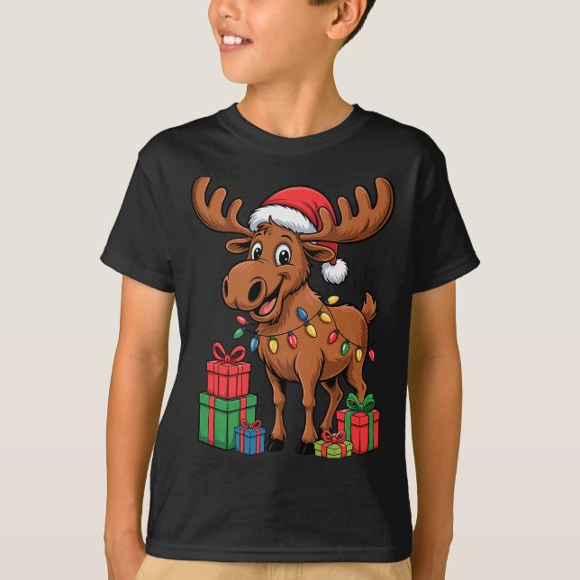 Funny Moose Santa Hat Animals Lovers Ugly Christma T-Shirt (Vorderseite)