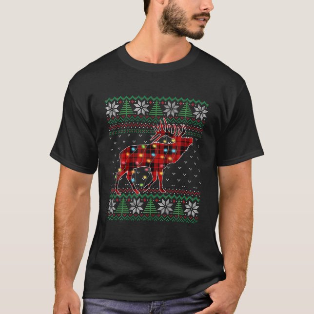 Funny Moose Ugly Sweater Weihnachtsbeleuchtung Tie T-Shirt (Vorderseite)