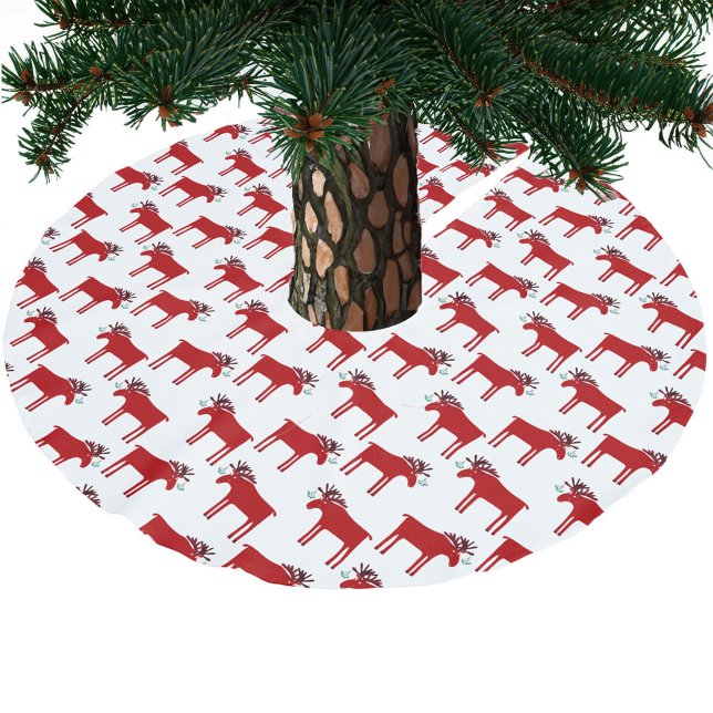 Funny Moose und Mistletoe Holiday Polyester Weihnachtsbaumdecke (Moose or elk with mistletoe fun festive red and white Christmas tree skirt)