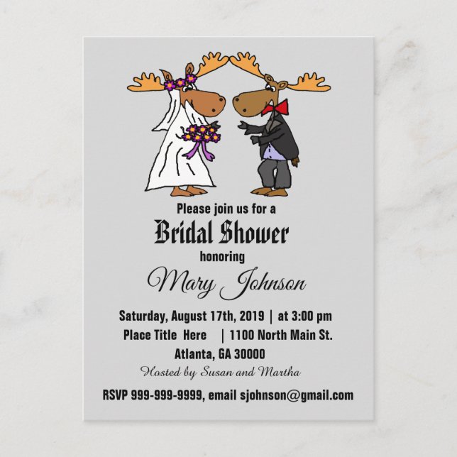 Funny Moose Wedding Cartoon Einladungspostkarte (Vorderseite)