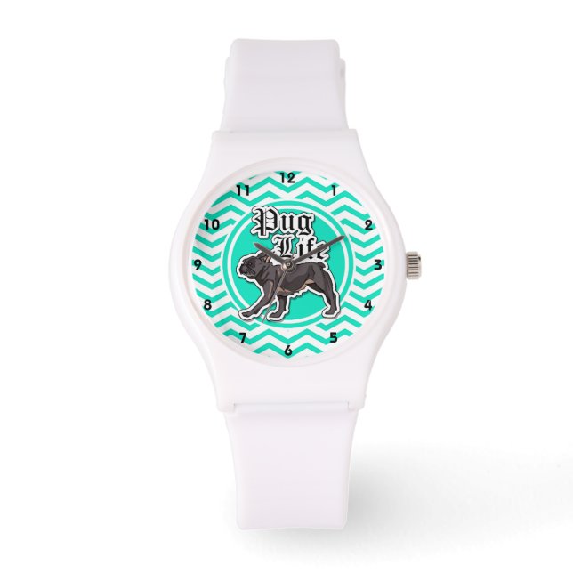 Funny Mops; Aqua Zickzack Armbanduhr (Vorderseite)