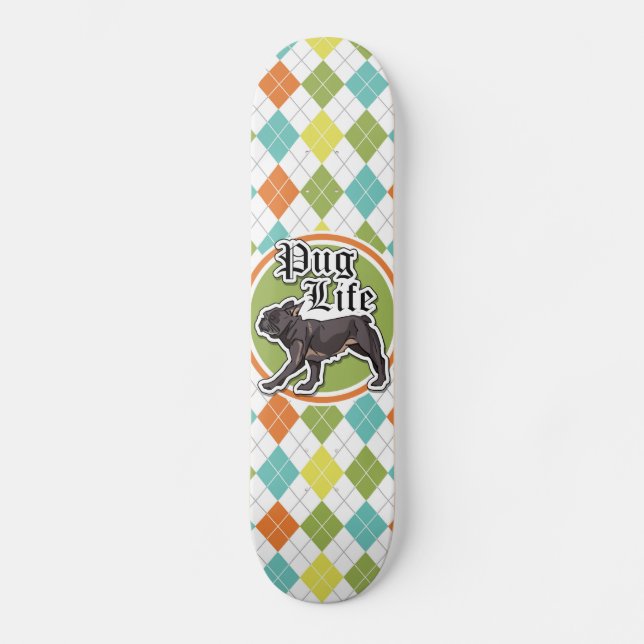 Funny Mops; farbenfrohe Raute Muster Skateboard (Vorderseite)