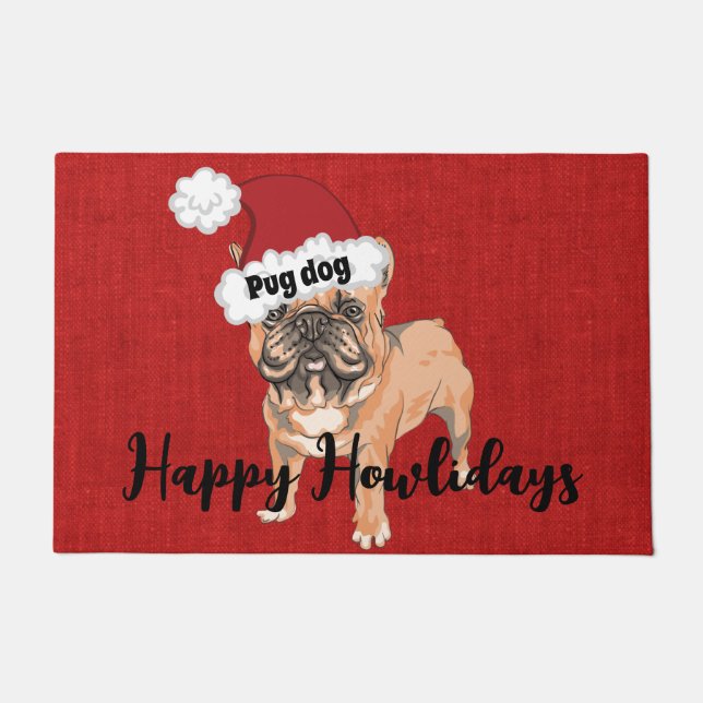 Funny Mops Hund glücklich heulend Rot Burlap festl Fußmatte (Vorderseite)