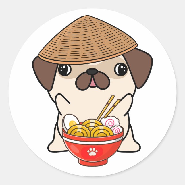 Funny Mops Hund isst Nudeln Runder Aufkleber (Vorderseite)