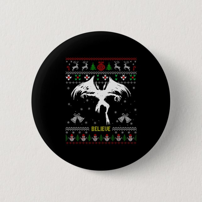 Funny Mothman Ugly Christmas Sweater Believe Crypt Button (Vorderseite)