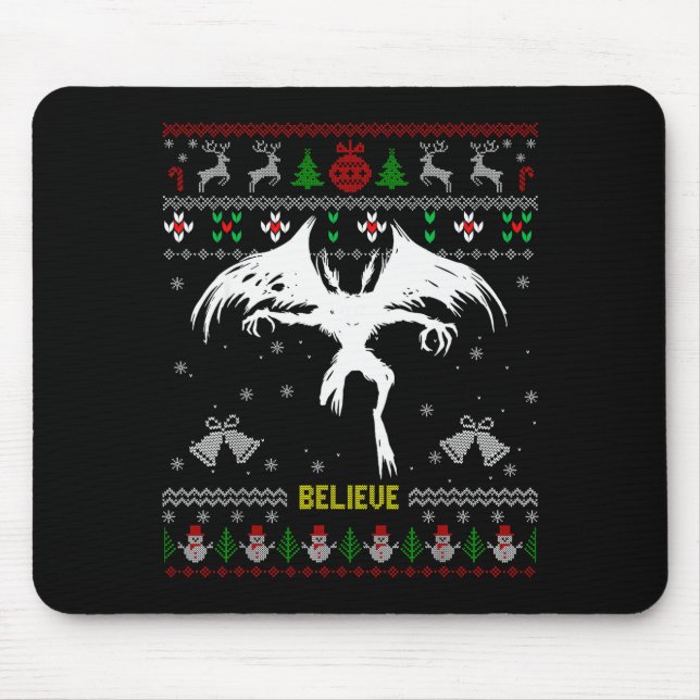 Funny Mothman Ugly Christmas Sweater Believe Crypt Mousepad (Vorne)