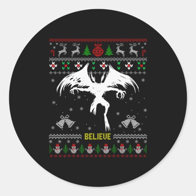 Funny Mothman Ugly Christmas Sweater Believe Crypt Runder Aufkleber (Vorderseite)