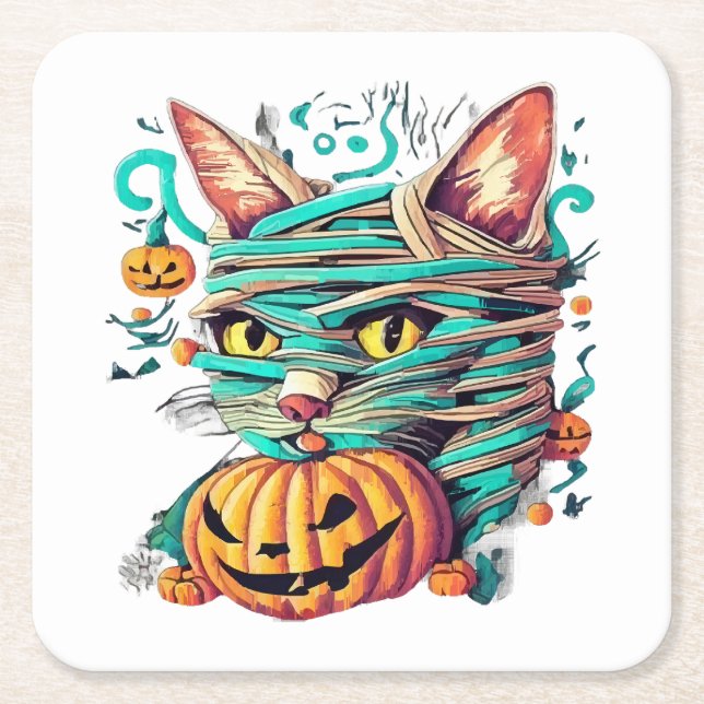 Funny Mummy Cat Halloween Rechteckiger Pappuntersetzer (Vorderseite)