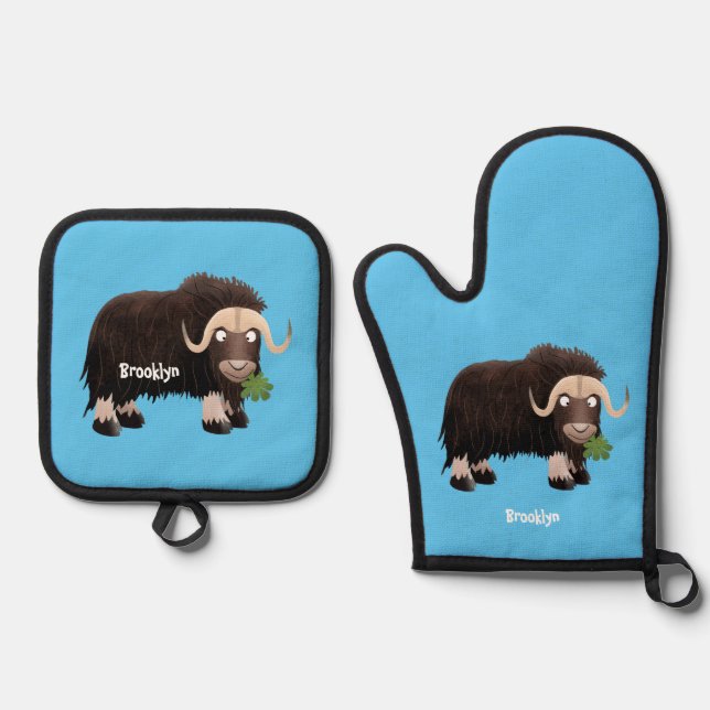 Funny muse ox Cartoon Illustration Ofenhandschuh & Topflappen-Set (Vorderseite)