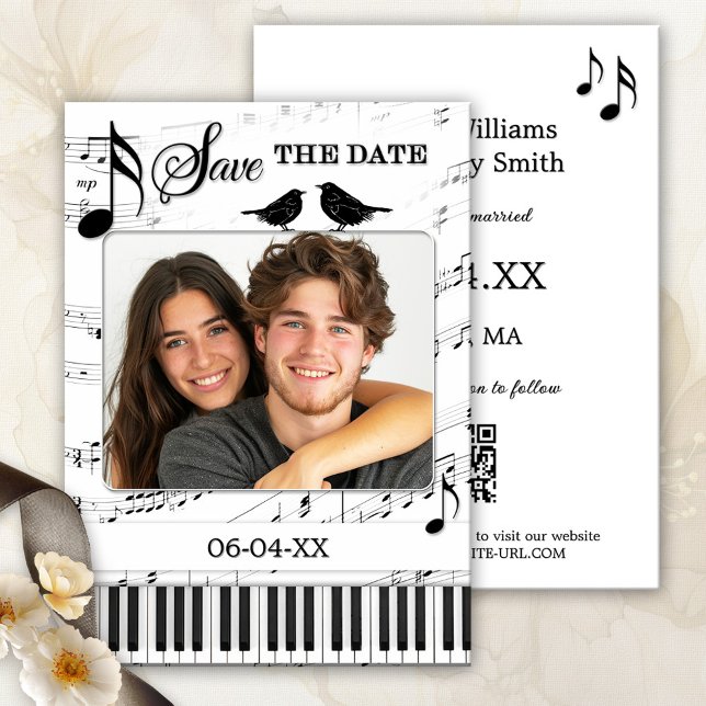 Funny Music Black and White Foto Save the Date Ankündigung (Funny and whimsical black and white Save the Date card with a music theme and custom photo)