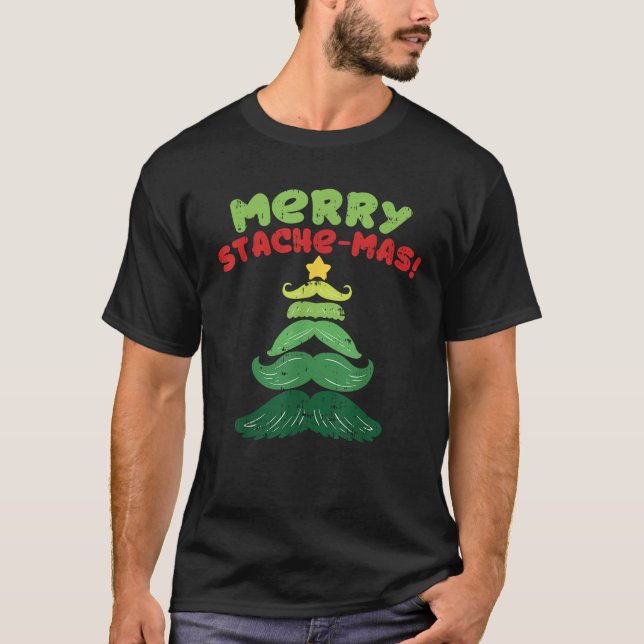 Funny Mustache Christmas Tree Merry Stachemas Bear T-Shirt (Vorderseite)