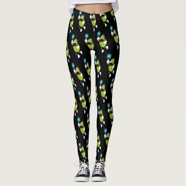 Funny Mustache Pickle Playing Pickleball Schwarz Leggings (Vorderseite)