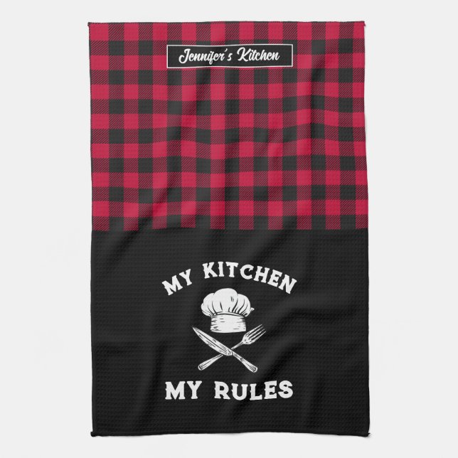 Funny My Kitchen My Rules Red Black Kariert Patter Geschirrtuch (Vertikal)