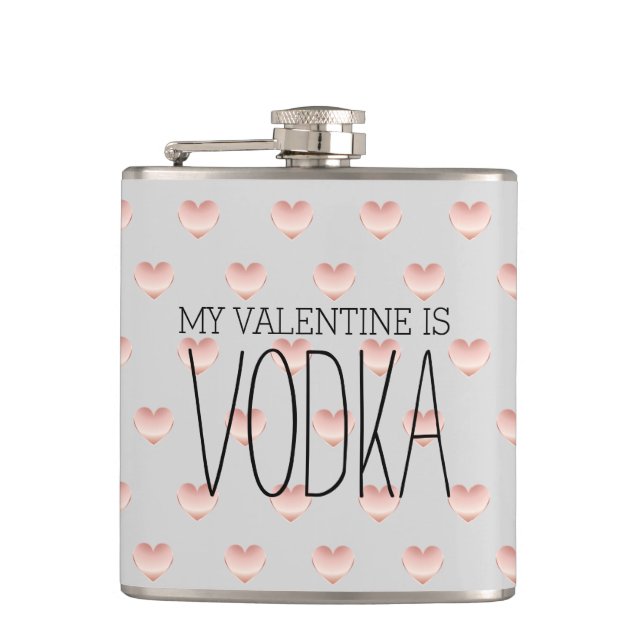 Funny My Valentine ist Vodka Pink Hearts Pattern Flachmann (Vorderseite)