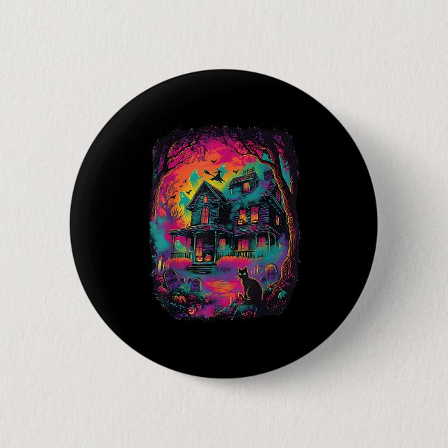 Funny Neon S Ghost Black Cat Hexe Halloween Button (Vorderseite)