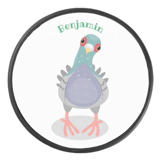 Funny neugierig Taube Cartoon Illustration Eishockey Puck (Vorderseite)
