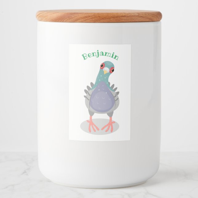 Funny neugierig Taube Cartoon Illustration Lebensmitteletikett (Vorderseite)
