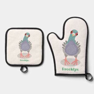 Funny neugierig Taube Cartoon Illustration Ofenhandschuh & Topflappen-Set