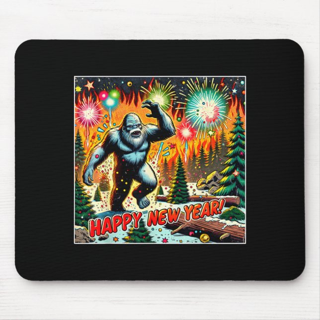 Funny New Years Eve 2024 Bigfoot And Fireworks Hum Mousepad (Vorne)