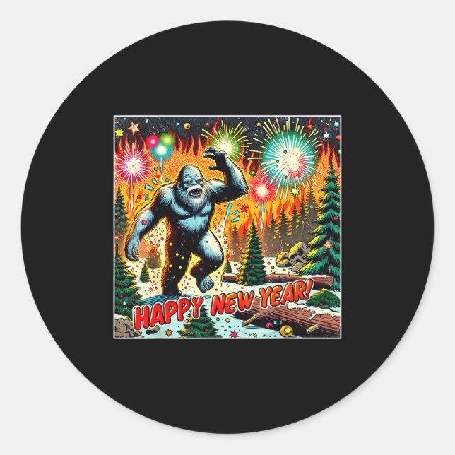 Funny New Years Eve 2024 Bigfoot And Fireworks Hum Runder Aufkleber (Vorderseite)