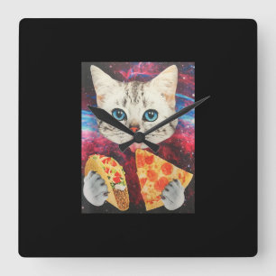 Funny Niedlich Auuter Space Galaxy Cat Meme Pizza  Quadratische Wanduhr
