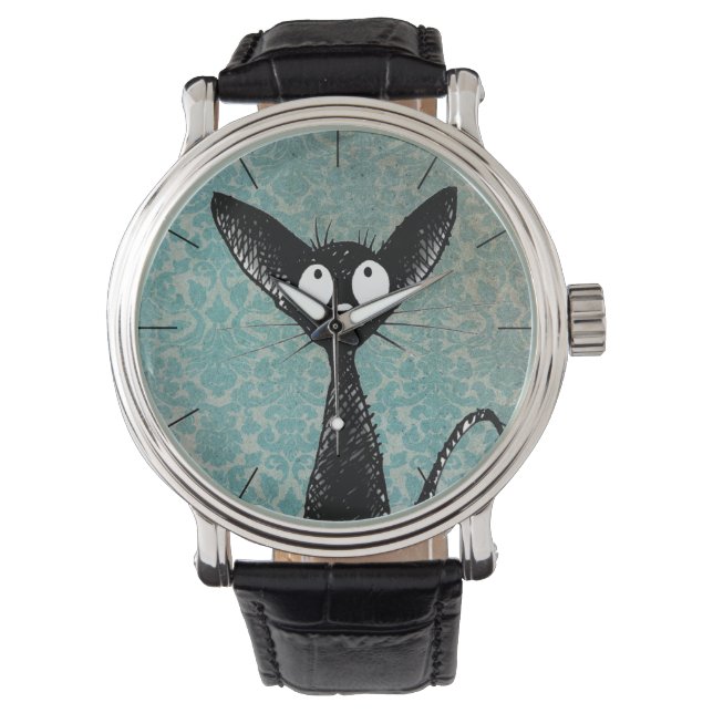 Funny Niedlich Black Cat Art on Blue Damask Armbanduhr (Vorderseite)