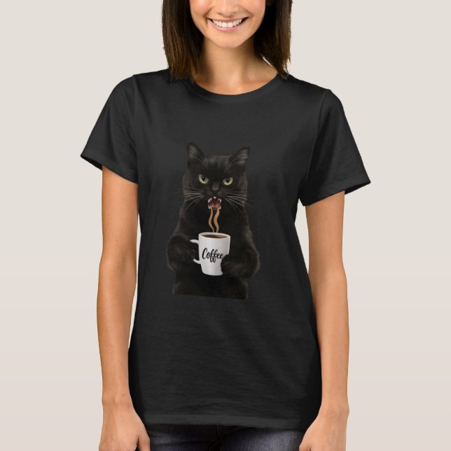 Funny Niedlich Black Cat Kaffee Wut T-Shirt (Vorderseite)