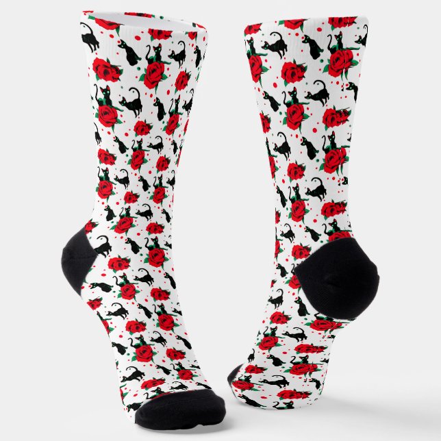 Funny Niedlich Black Cats Rote Rosen Muster Socken (Gewinkelt)