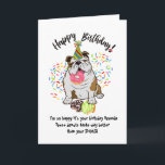 Funny Niedlich Bulldog Hund Geburtstagskarte Donut Einladung<br><div class="desc">Der lustige Niedliche Bulldog Hund Geburtstagskarte Donuts. .Zeit, die Donuts zu essen! Diese lustige Geburtstagskarte zeigt deinen Lieblings-Niedlichen Bulldoghund, der in seinem Party-Hut voll ausgestreckt ist und dabei auf Deinem Geburtstagsstumpf sitzt. Sprinkles fliegen überall, und Ihr Junge hat schon einen Donut im Mund und zwei gerettet zu seinen Füßen. und...</div>