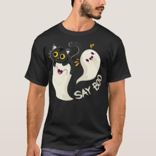 Funny Niedlich Cat Ghost Say Boo Halloween Kostüme T-Shirt