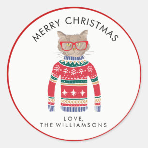 Funny Niedlich Cat Wear Ugly Weihnachtssüßer Runder Aufkleber