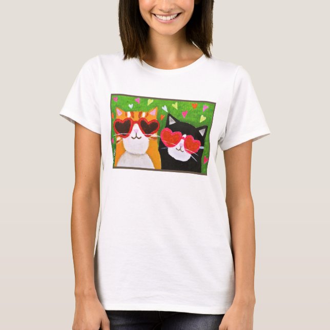 Funny Niedlich Cat with Heart Glasses Cat Folk Art T-Shirt (Vorderseite)