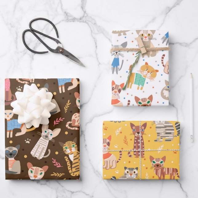 Funny Niedlich Cats Wrapping Paper Set 3 Geschenkpapier Set (Vorderseite)