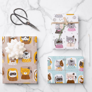 Funny Niedlich Cats Wrapping Paper Set 3 Geschenkpapier Set